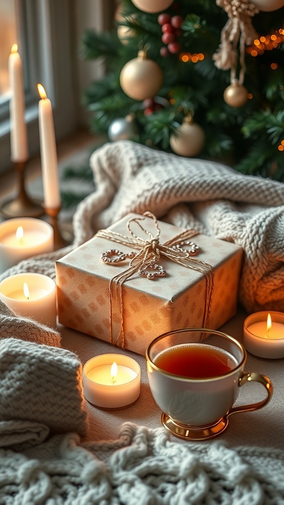 Mindful Christmas Gift Ideas A peaceful holiday gift setup with candles, tea, and a wrapped present.